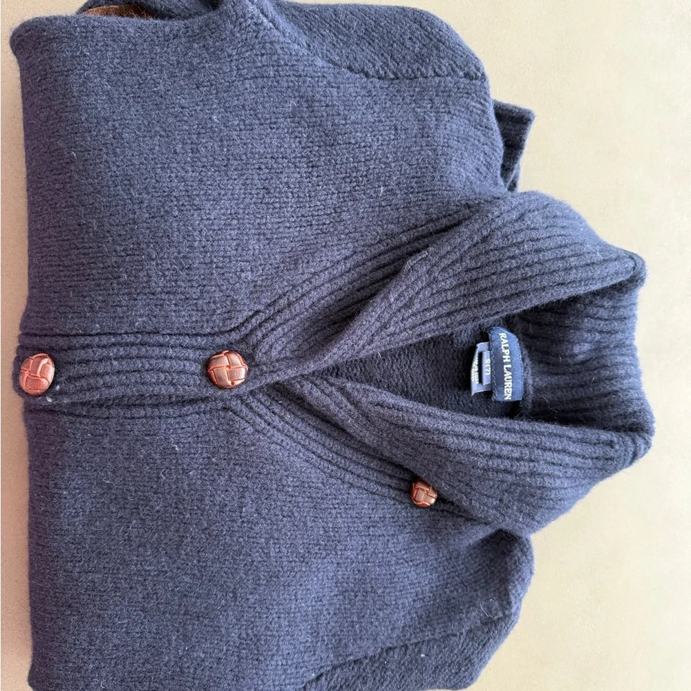 Ralph Lauren Rugby Navy Blue Wool Cardigan with Suede and Leather details Sz 7
